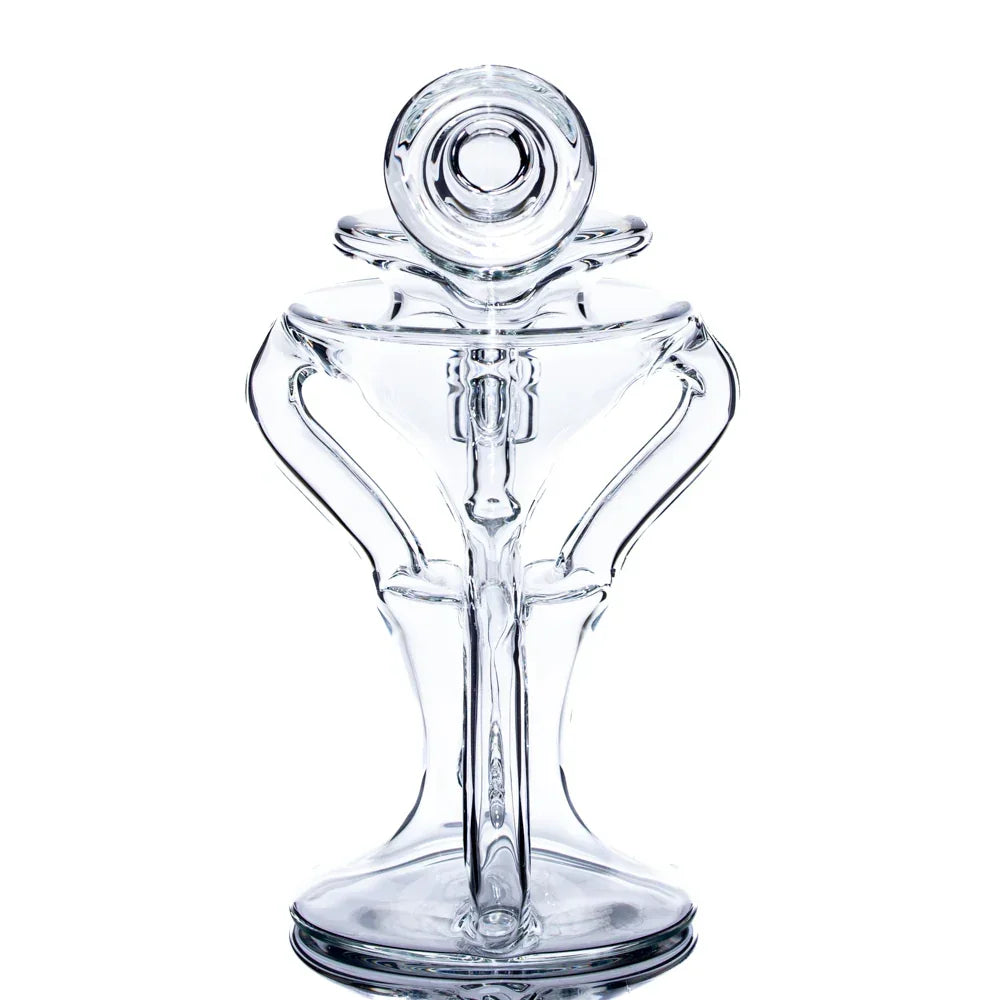 Clear glass recycler water pipe with artistic sculpted design on white background