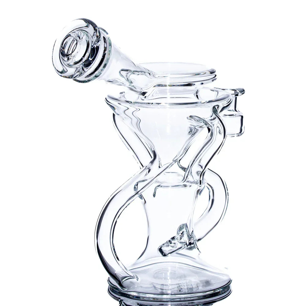 Clear glass recycler water pipe with artistic curved design on white background