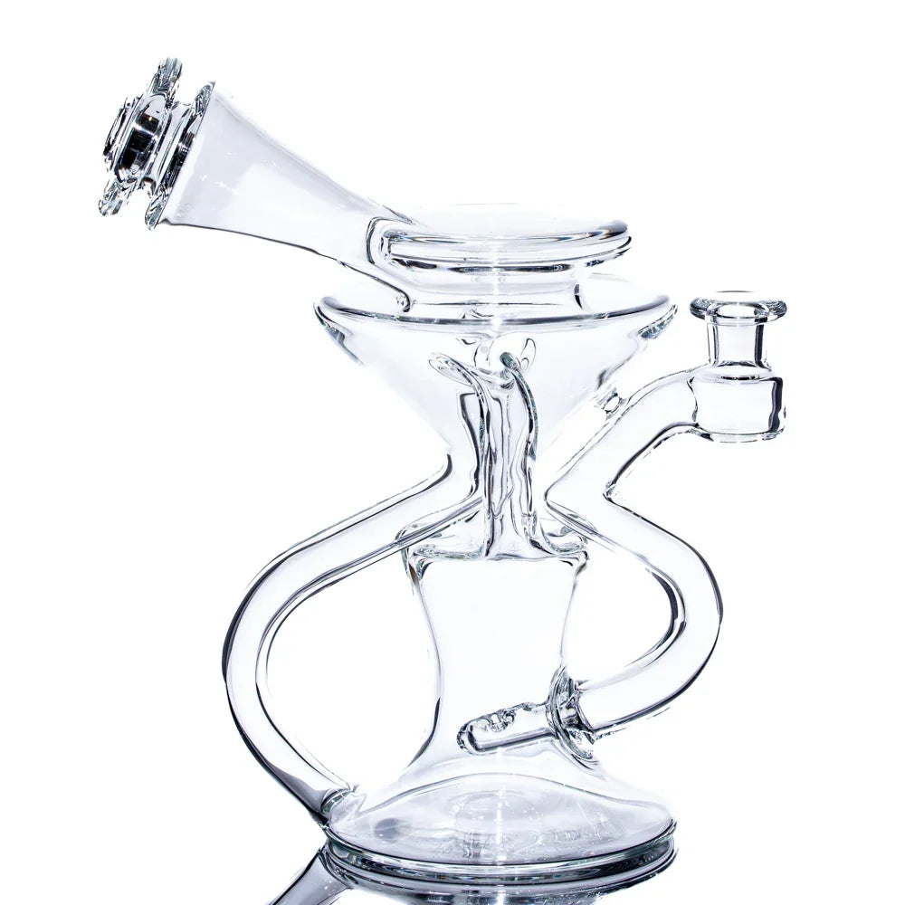 Clear glass recycler water pipe with intricate curved tubing and scientific design