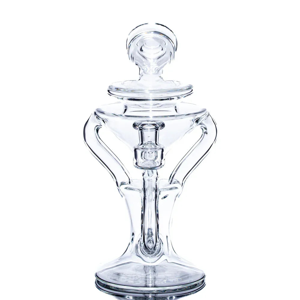 Clear glass recycler with artistic handles, unique trophy-shaped water pipe on white background