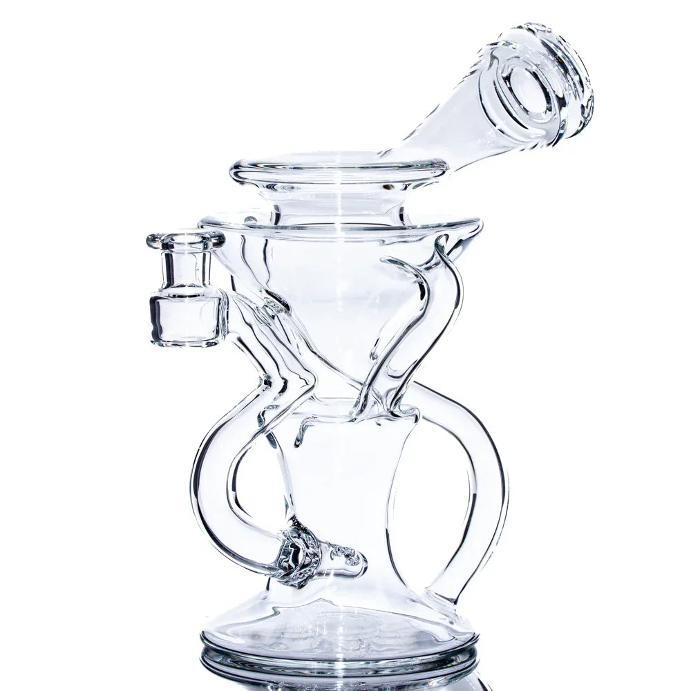 Clear glass recycler water pipe with intricate tubing and side joint on white background