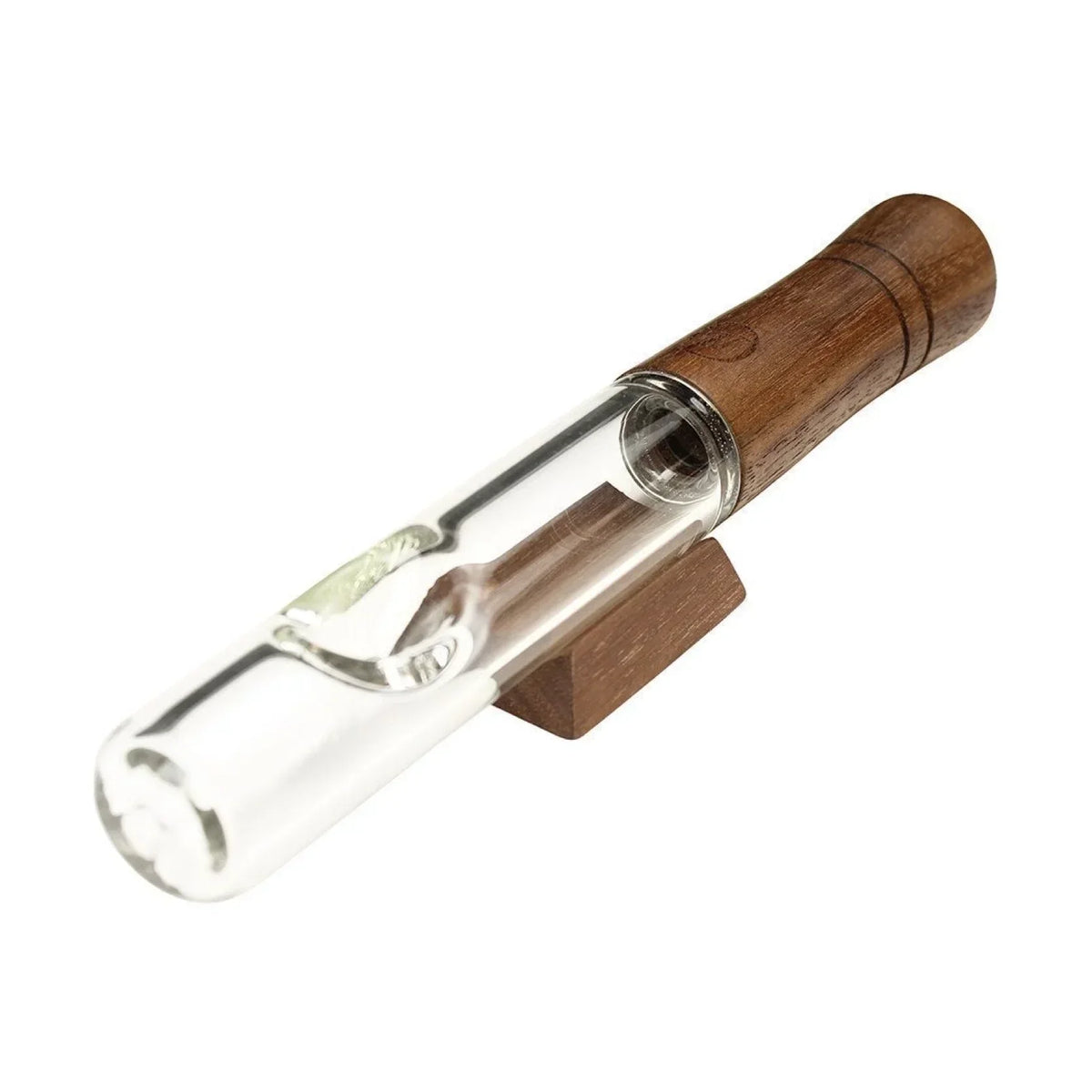 Glass and walnut wood steamroller pipe with wooden stand on white background
