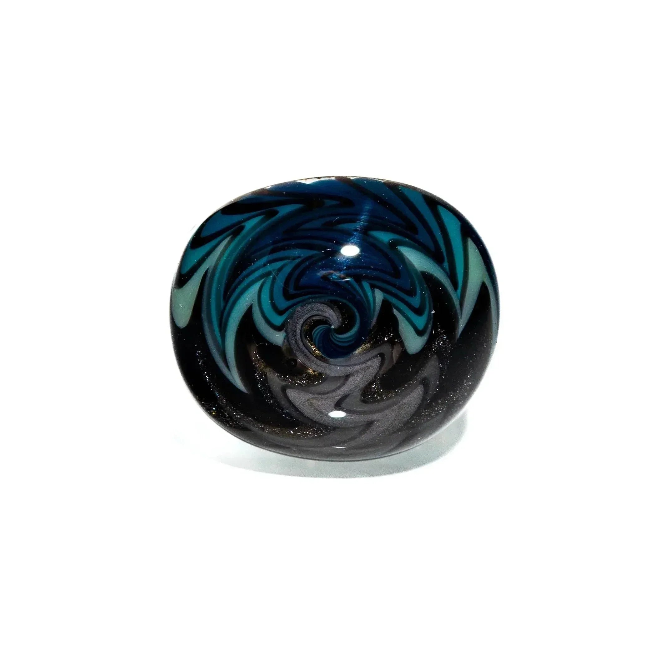 Handcrafted glass ring with black, blue, and steel wool wig wag swirl design
