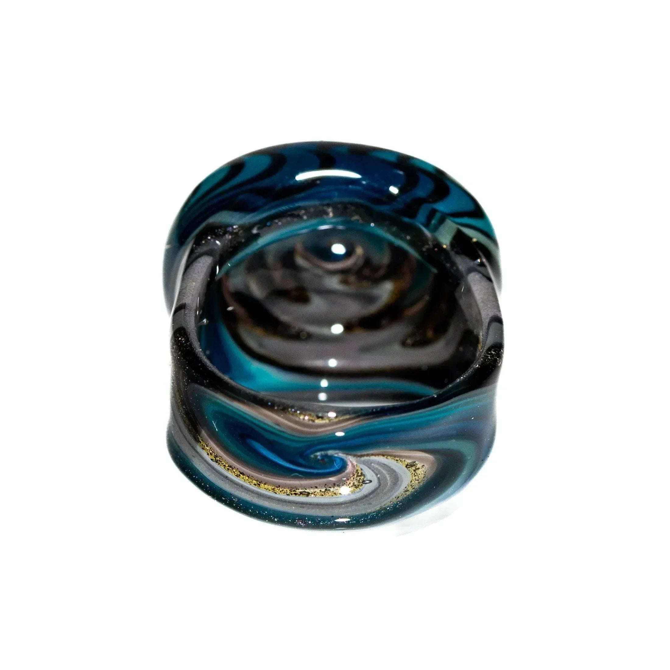 Handmade glass ring with black, blue, and steel wool wig wag swirl patterns