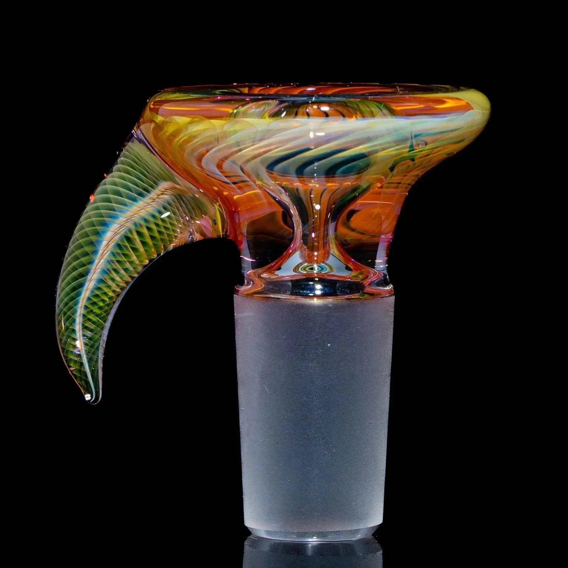 Colorful glass horn slide with intricate swirl patterns and an 18mm joint, isolated on black