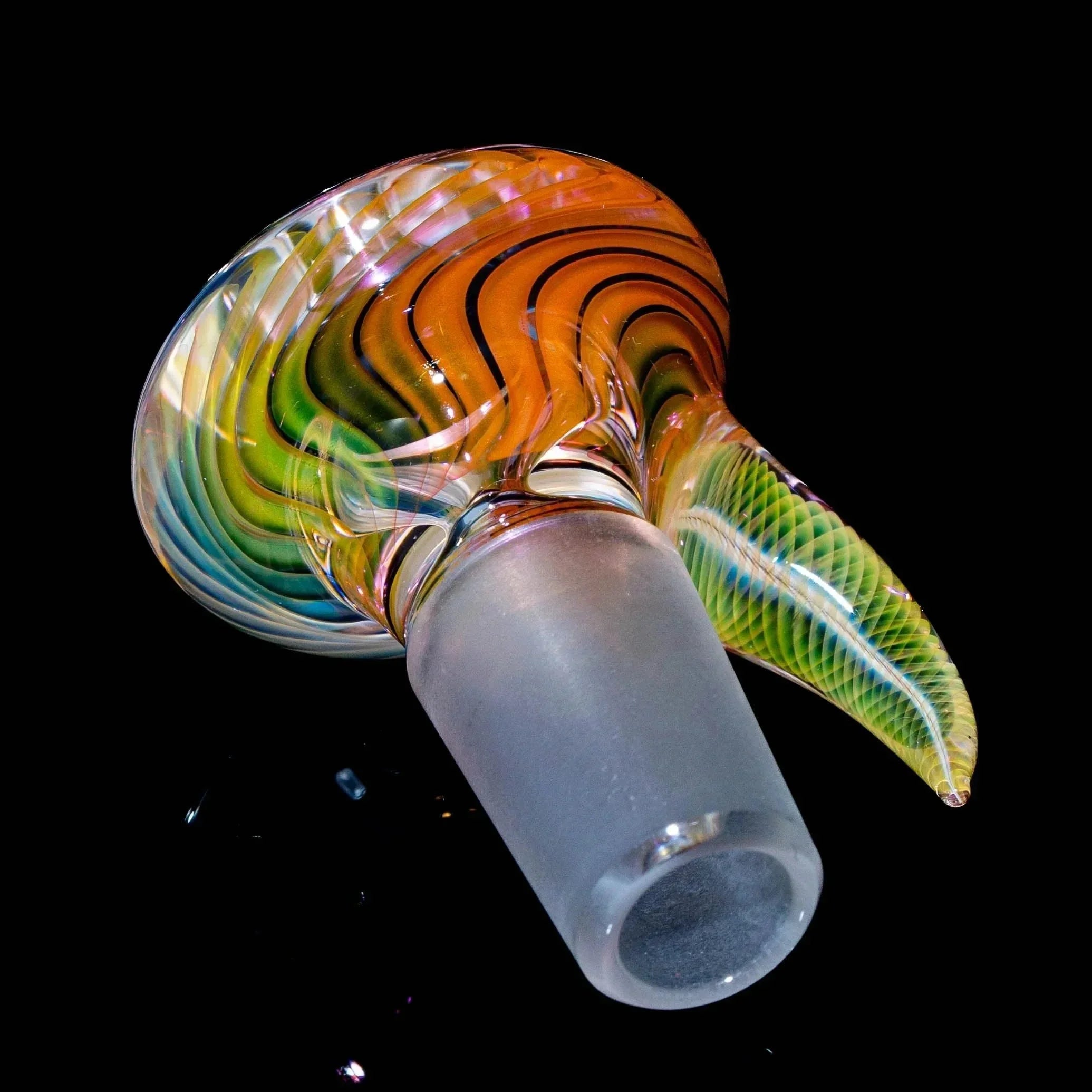 Colorful glass horn slide with swirled patterns and frosted joint, displayed on black background.