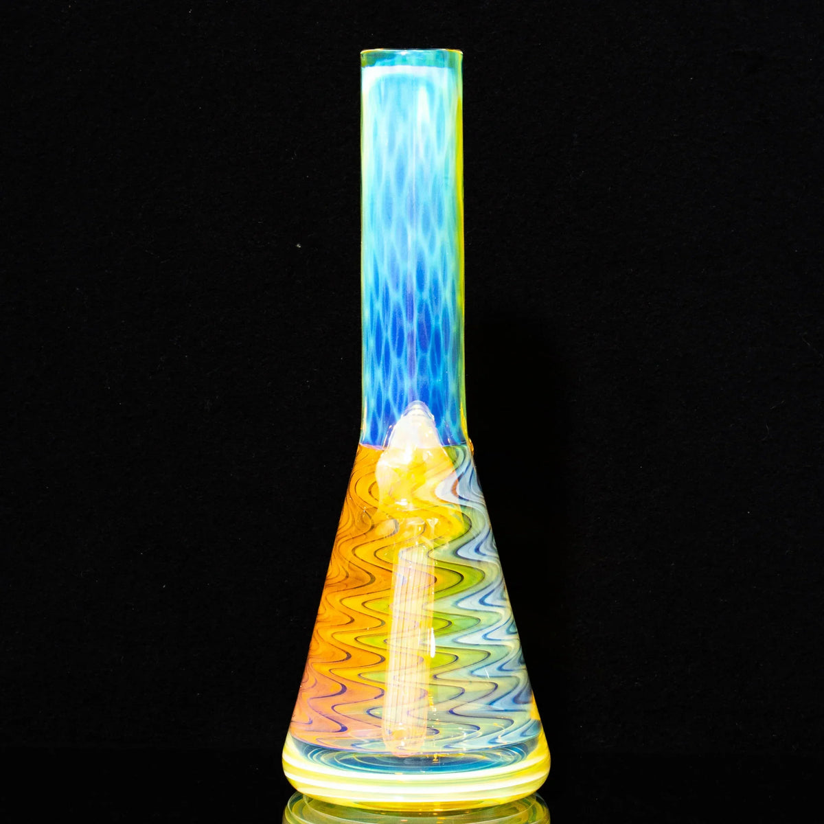Colorful glass mini tube with honeycomb neck and wavy linework on black background