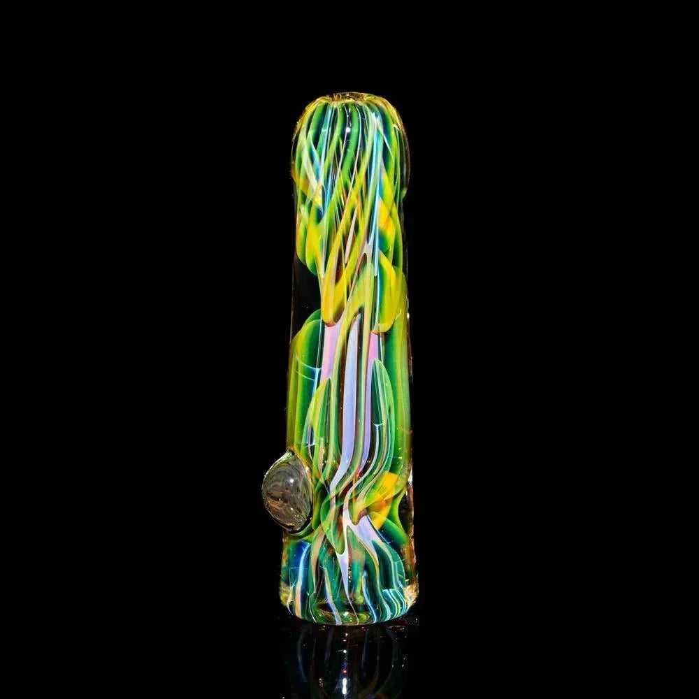 Colorful glass chillum with spiral design and vibrant yellow, green, and blue swirls