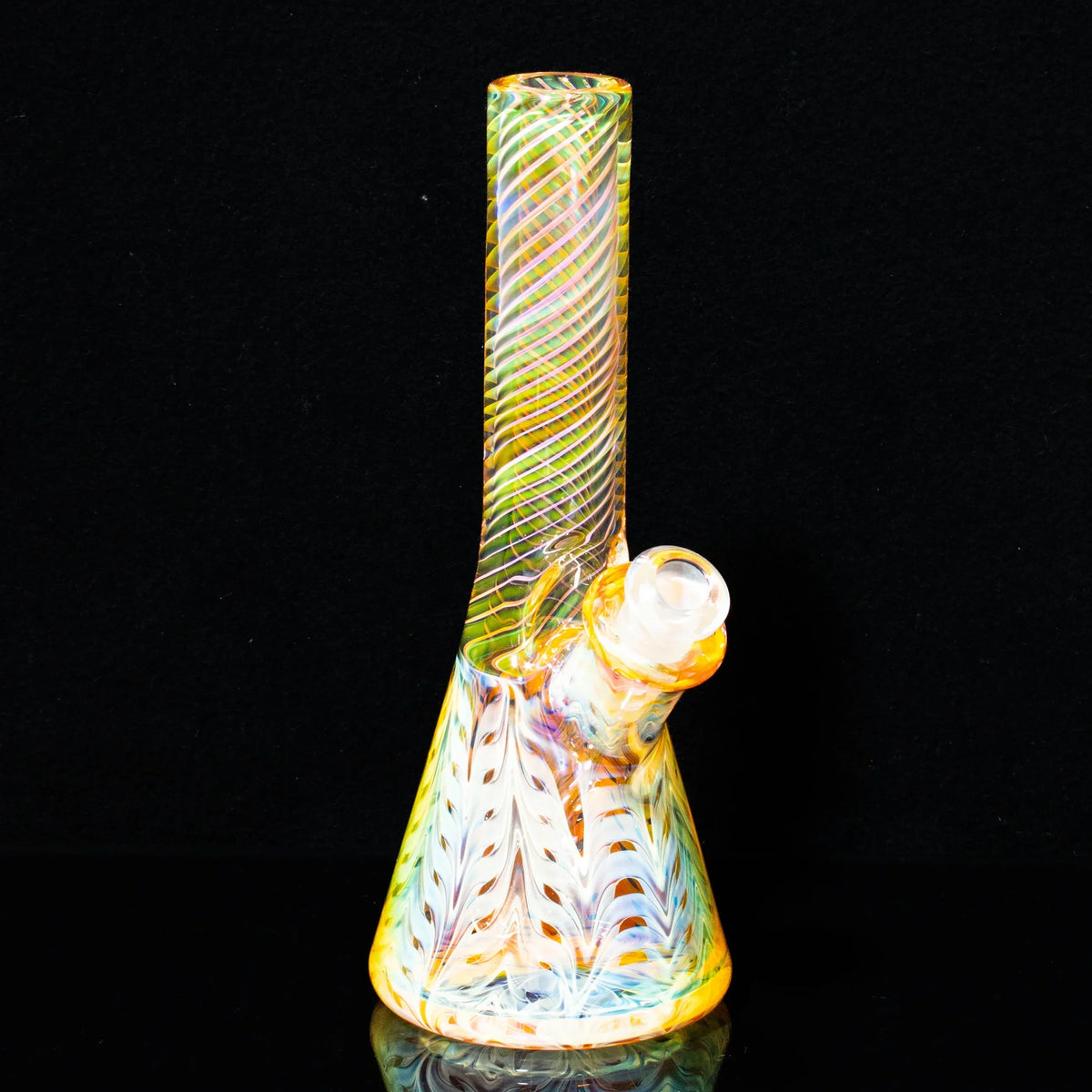 Colorful spiral neck glass mini tube with intricate rake pattern on black background