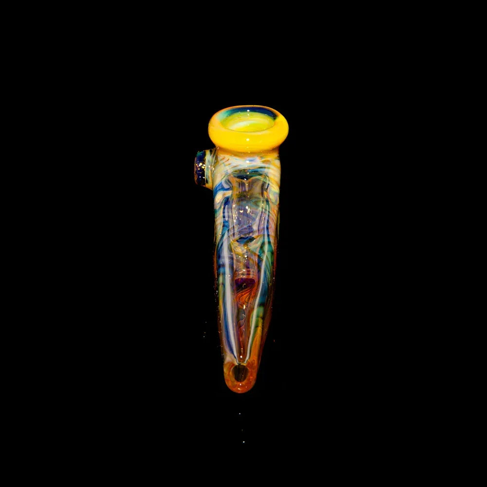 Colorful glass hand pipe with yellow rim and multicolored swirls on black background