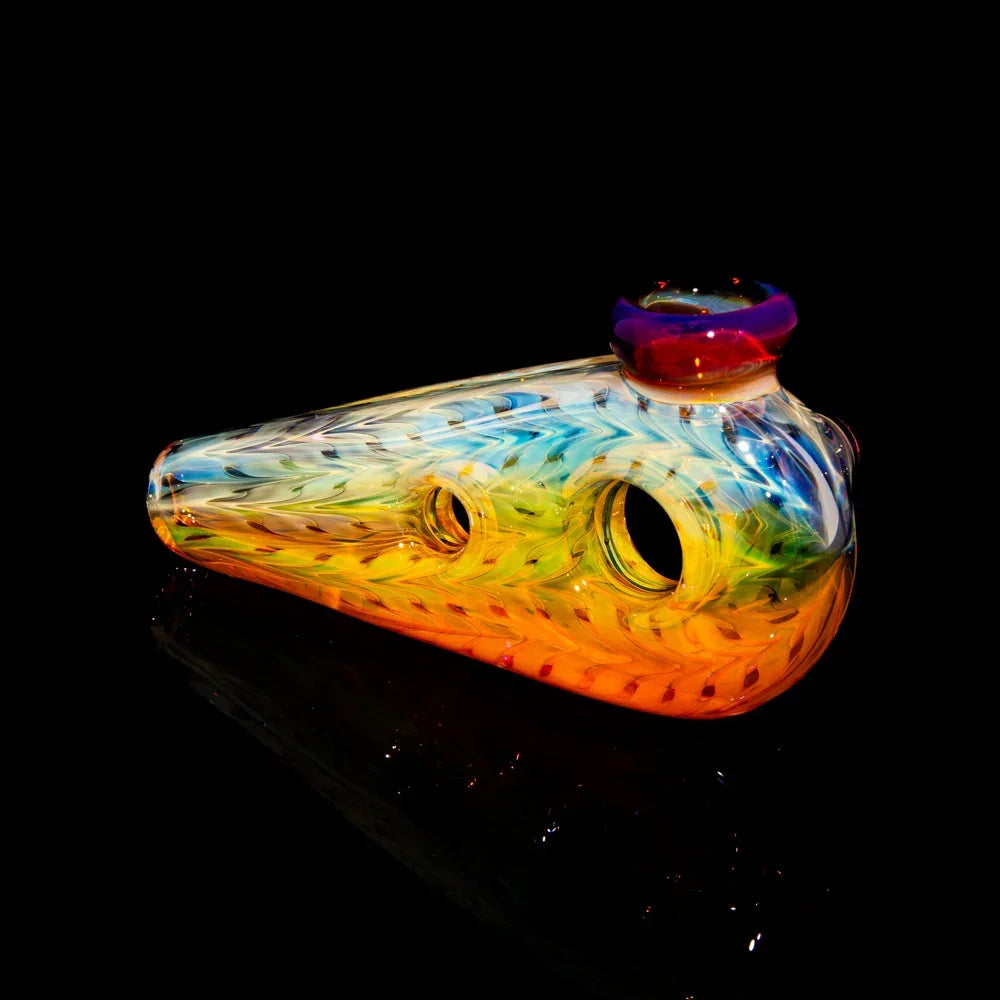 Colorful glass hand pipe with swirl pattern and side holes on a black background
