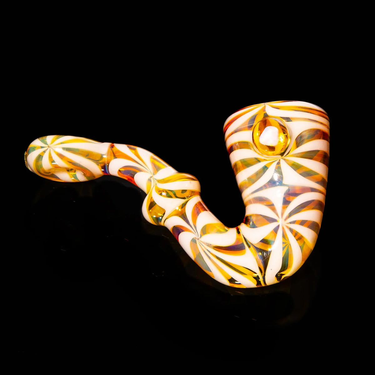 Amber and purple linework glass sherlock pipe with opal accent on black background