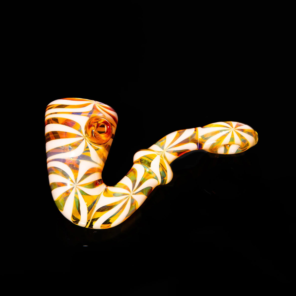 Amber purple glass Sherlock pipe with spiral linework and opal accent on black background