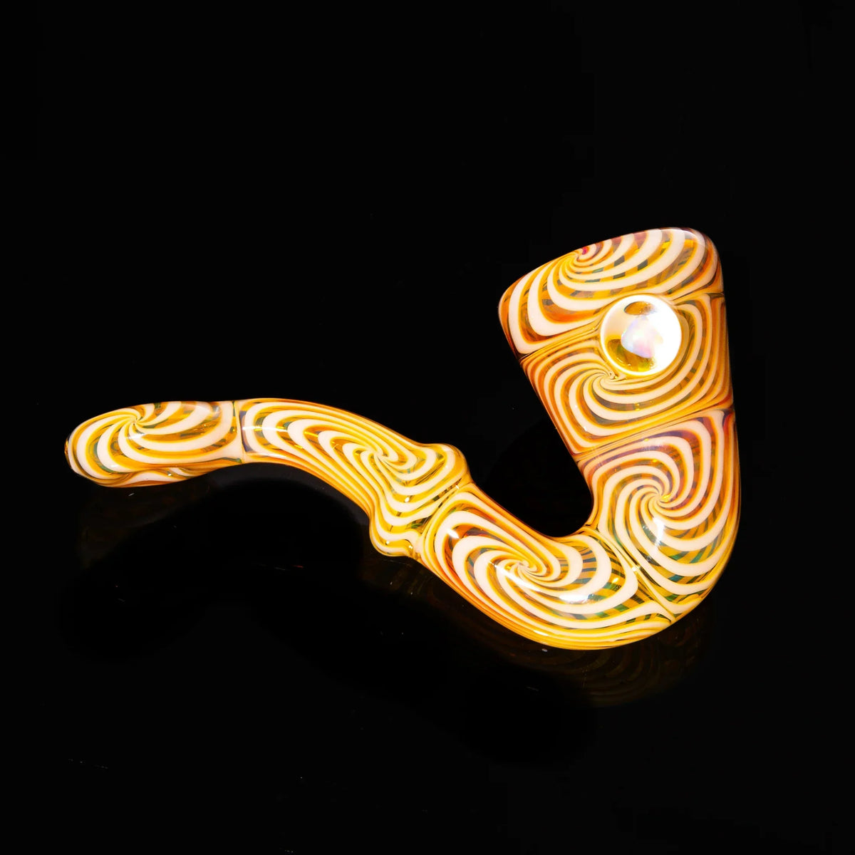 Amber purple spiral glass Sherlock pipe with opal marble on black background