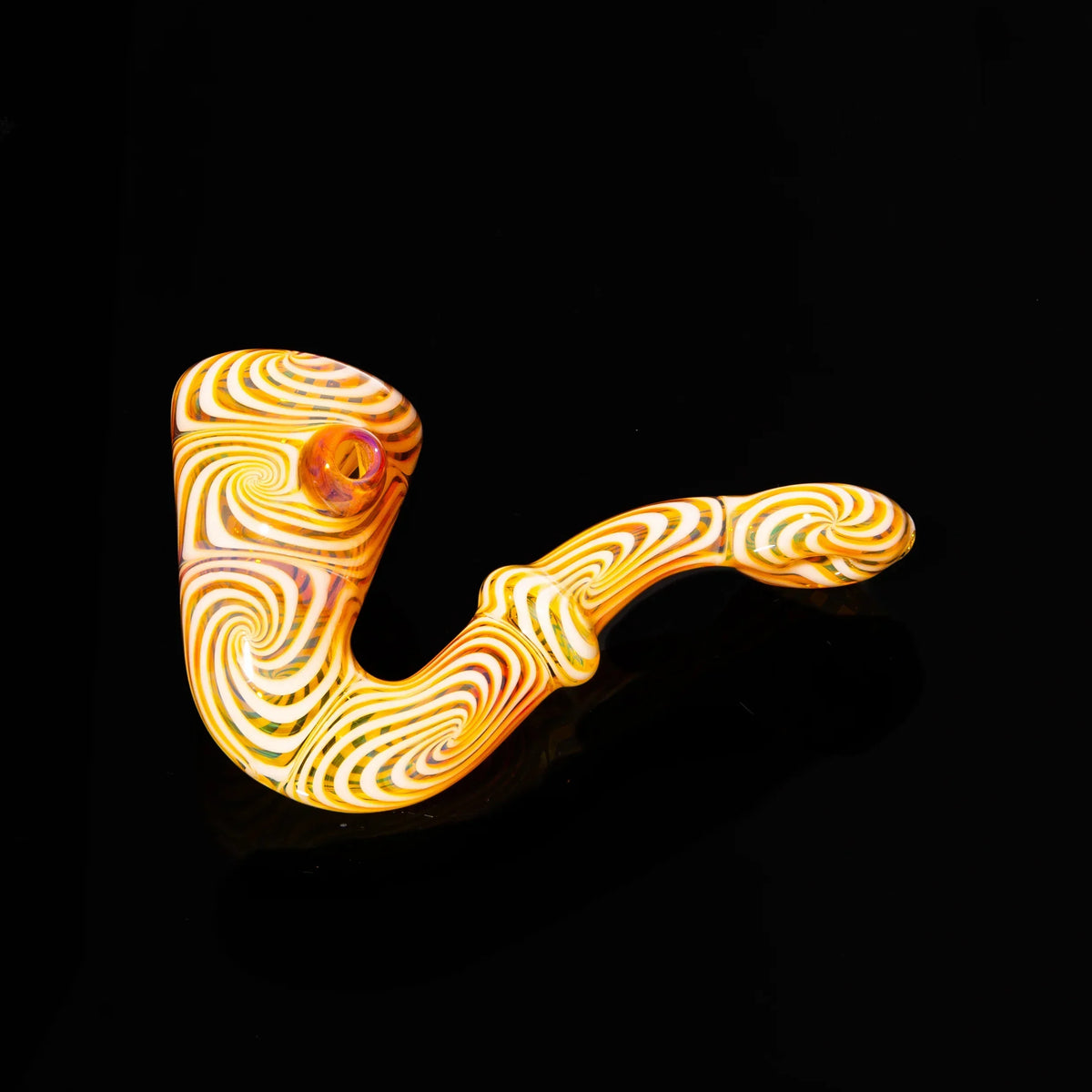 Amber purple spiral glass Sherlock pipe with opal accent on black background