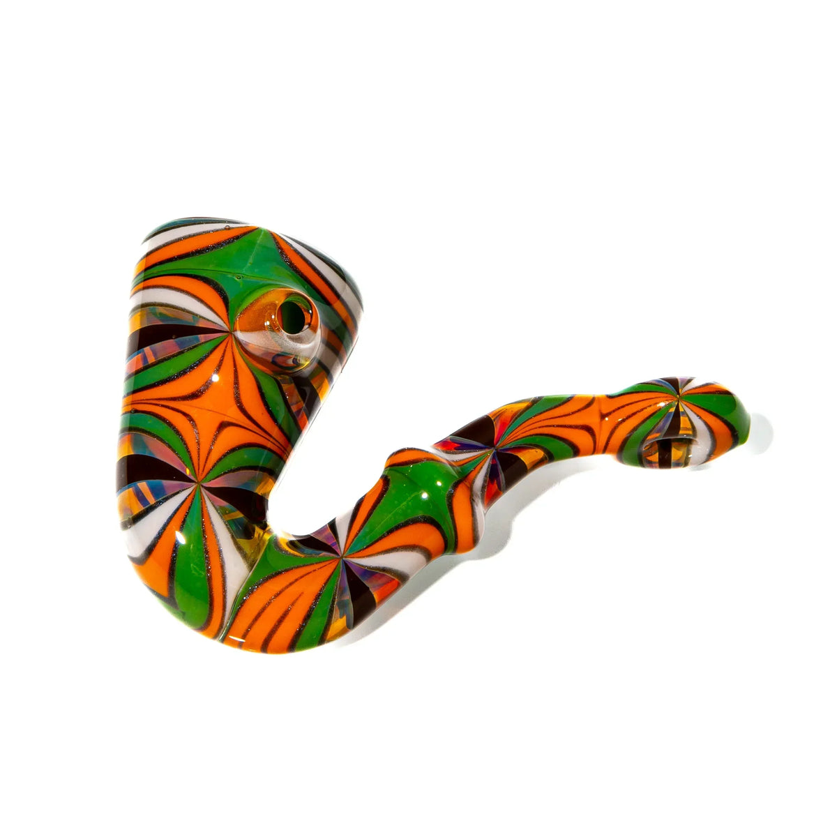 Colorful orange, green, and white patterned glass sherlock pipe on white background