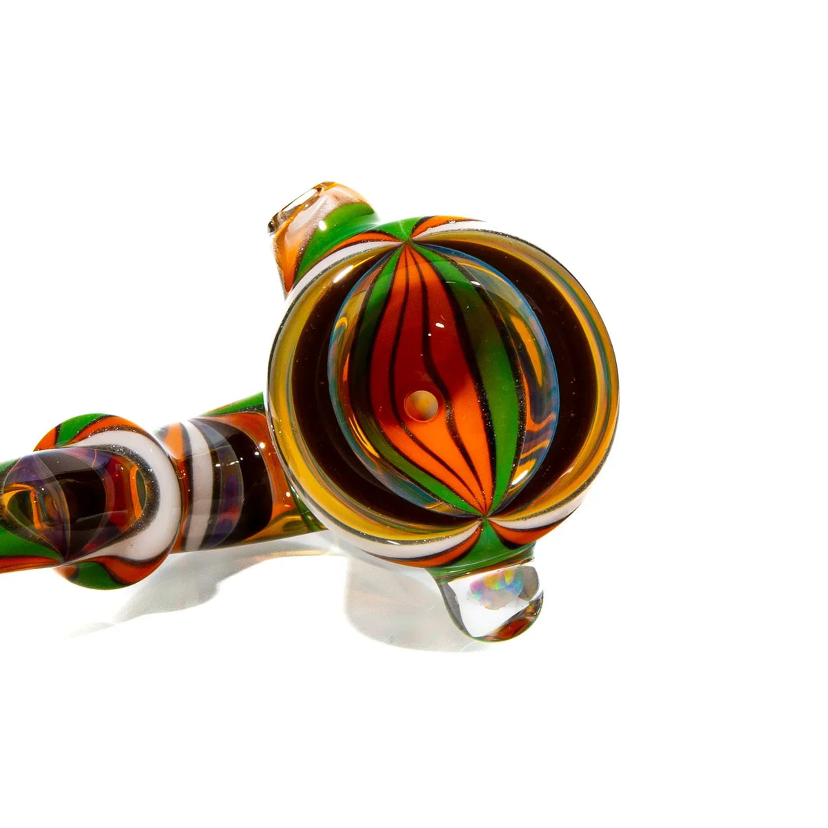 Handcrafted glass sherlock pipe with orange, green, and white linework design on white background