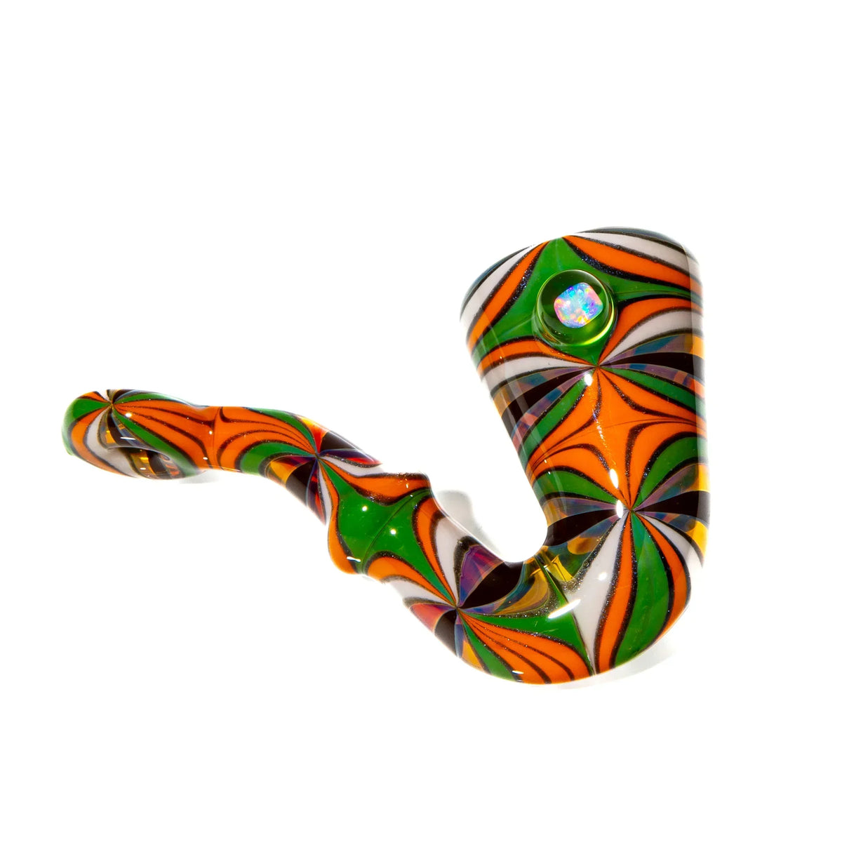 Colorful glass sherlock pipe with orange, green, black, and white swirl pattern and opal accent