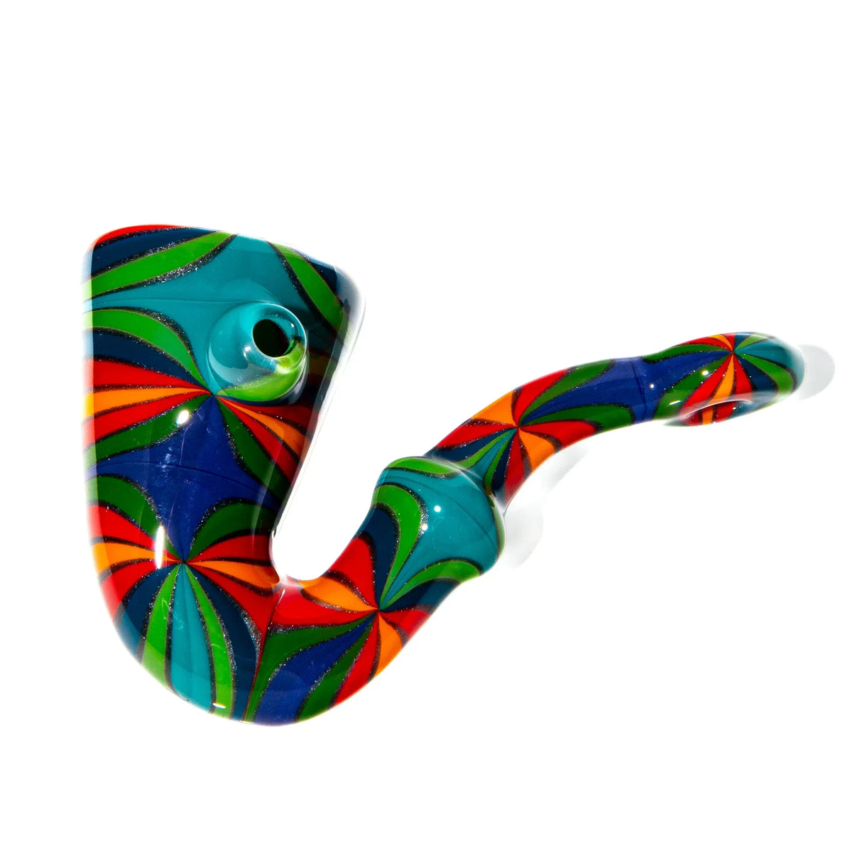 Colorful glass sherlock pipe with red, orange, green, and purple swirl linework