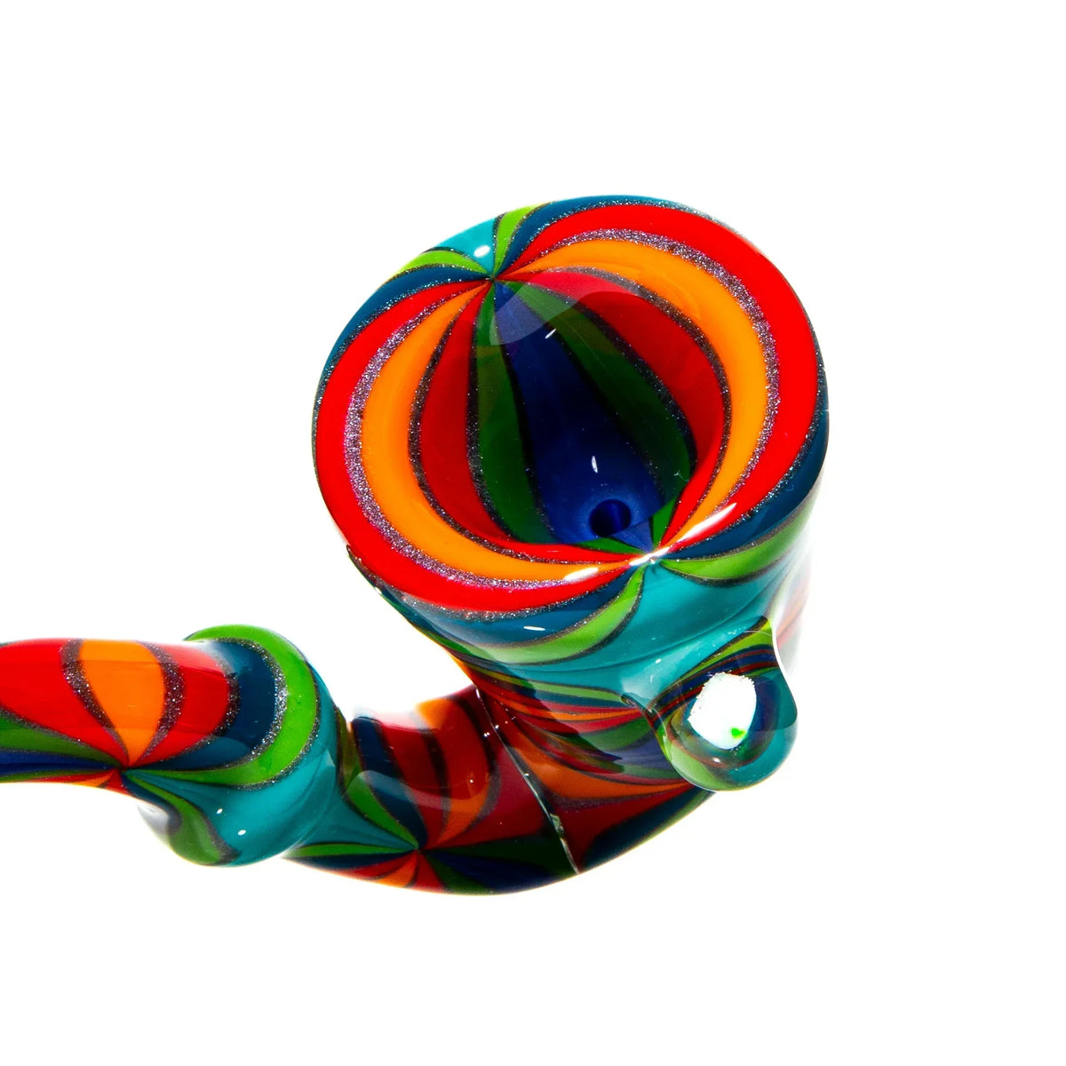 Colorful hand-blown glass Sherlock pipe with red, orange, green, and purple swirl design