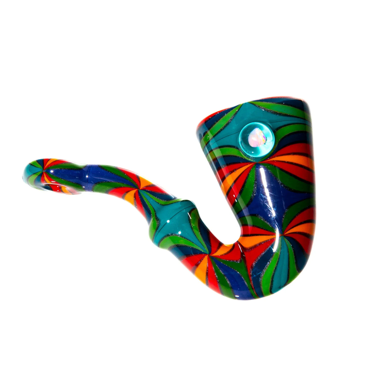 Colorful glass sherlock pipe with red, orange, green, and purple swirl linework, opal inset