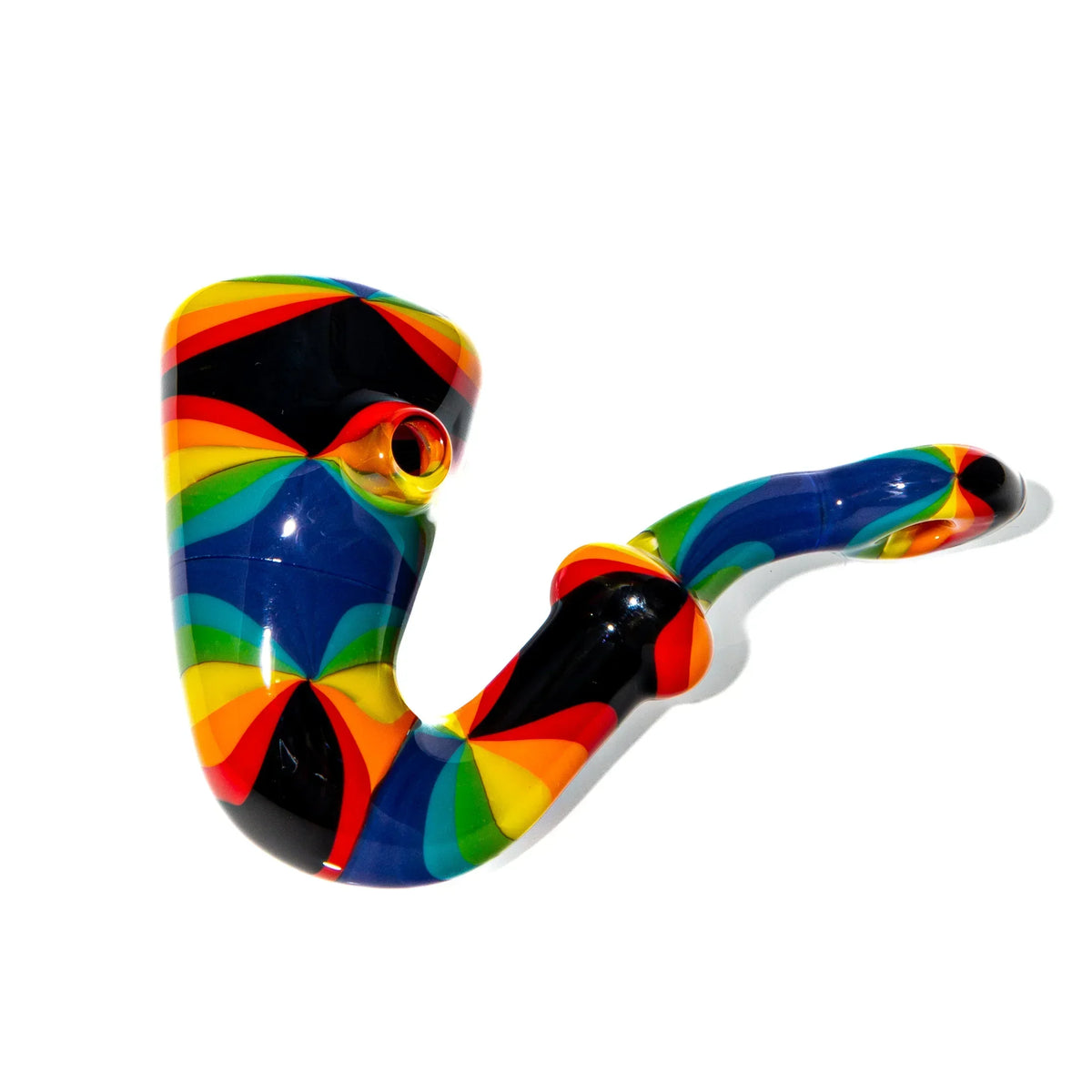 Colorful rainbow sherlock glass pipe with vibrant swirling patterns on white background