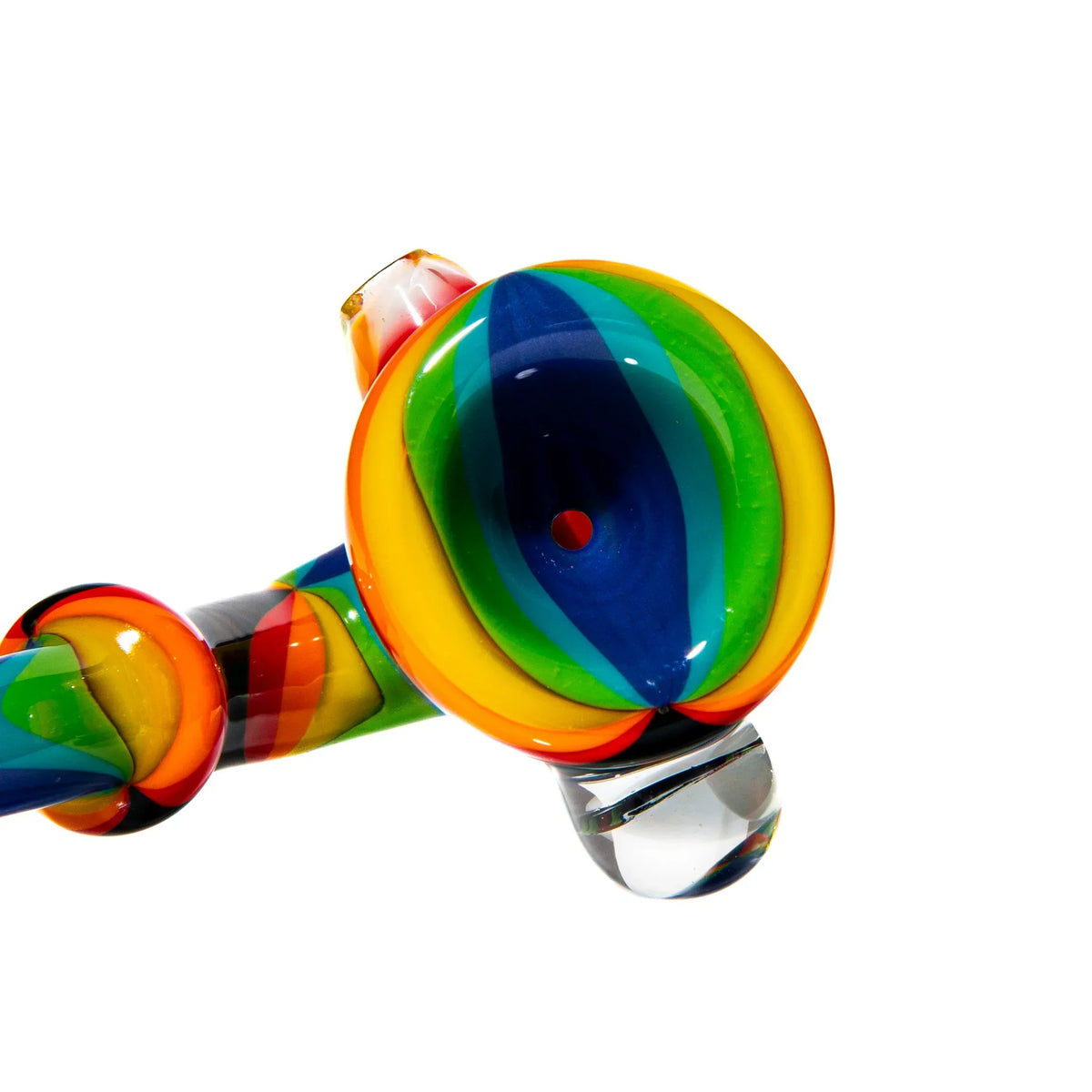 Colorful rainbow sherlock glass pipe with bold swirled patterns and a clear marble accent