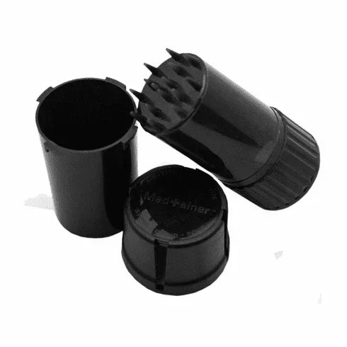 Black Medtainer herb grinder and storage container, open with visible grinding teeth.