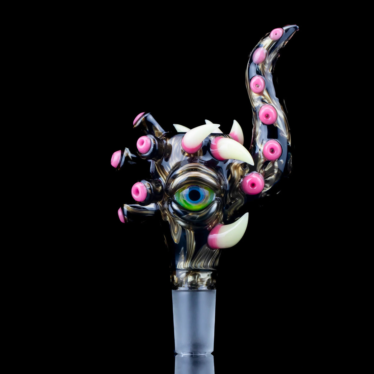Artistic glass slide with tentacle design, vibrant eye, spikes, and pink accents, 18mm joint