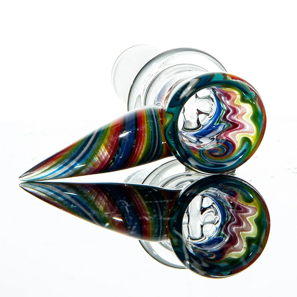 18mm glass bowl slide with vibrant rainbow wig wag pattern, reflective surface