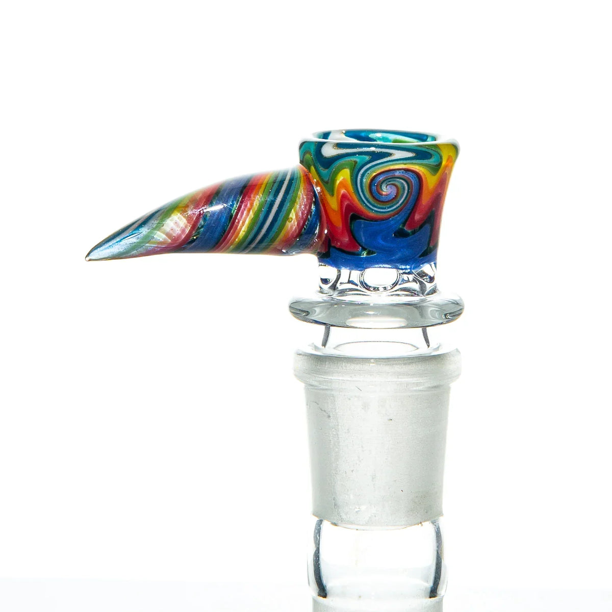 Colorful rainbow wig wag glass slide bowl with side horn, 18mm male joint, on white background