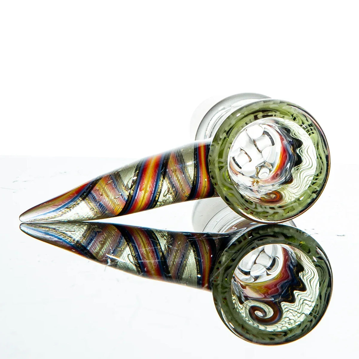 Colorful wig wag glass slide with red, yellow, and purple spiral design, 18mm size