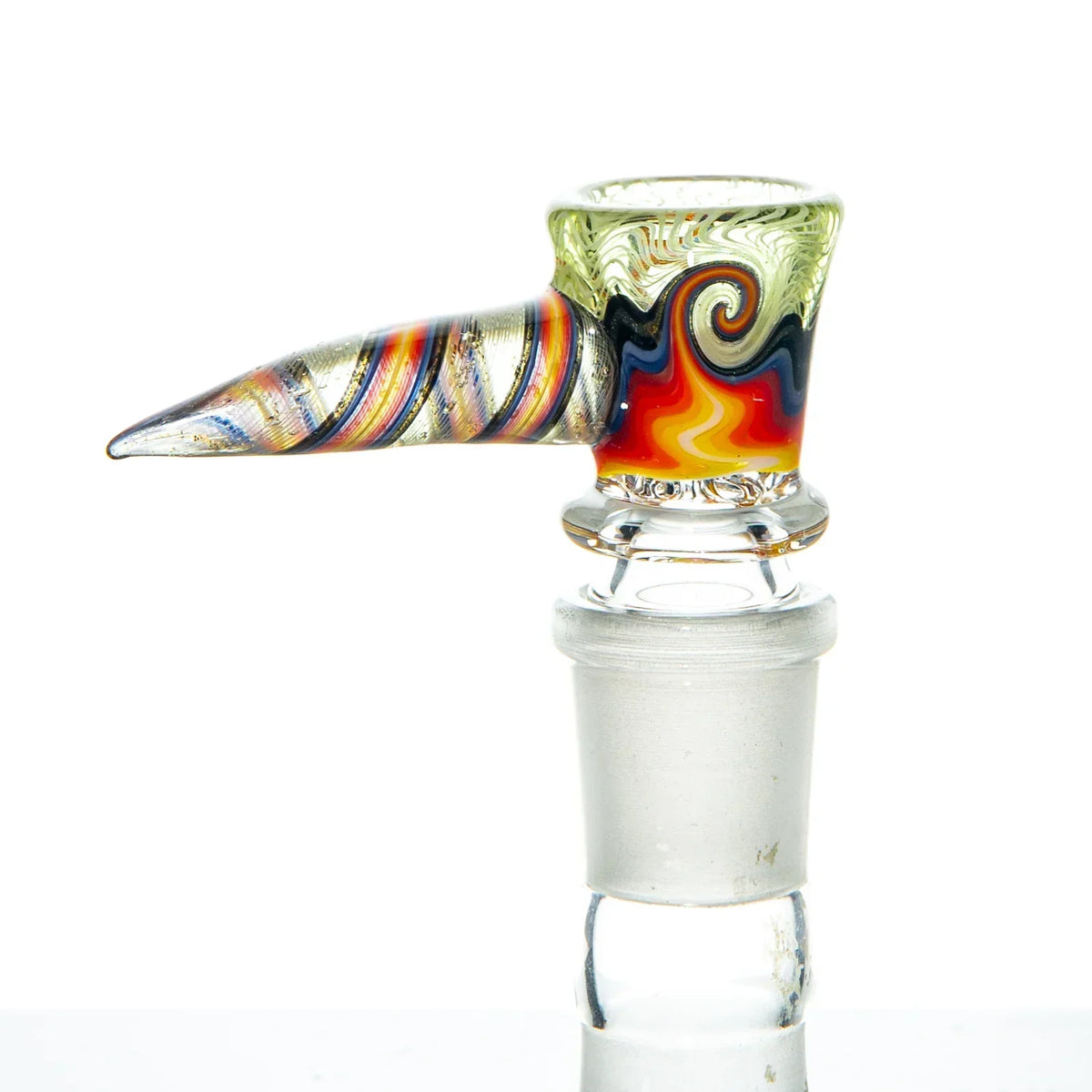 Colorful glass 18mm slide bowl with yellow, red, and purple wigwag design and side handle