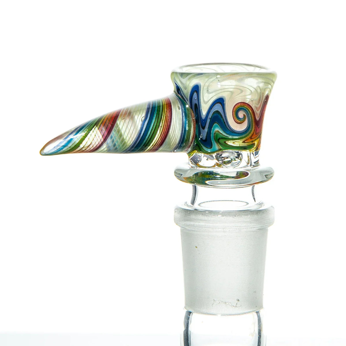 Colorful rainbow wig wag 18mm glass bowl slide with swirling pattern and horn handle