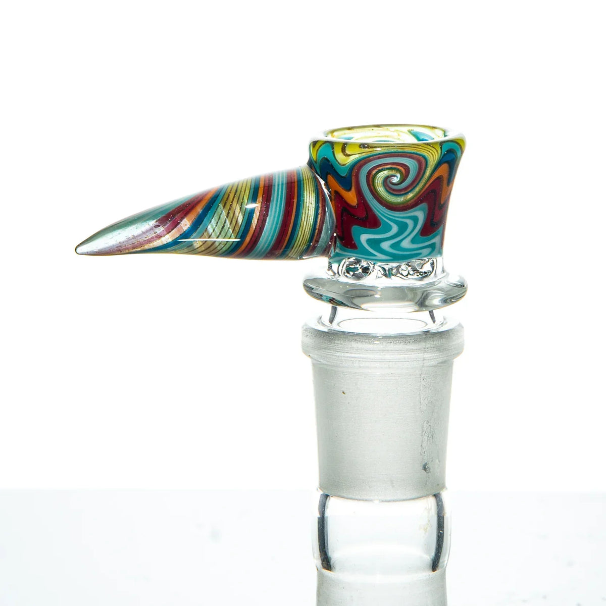 Colorful 18mm glass slide bowl with rainbow wig wag swirl and pointed handle