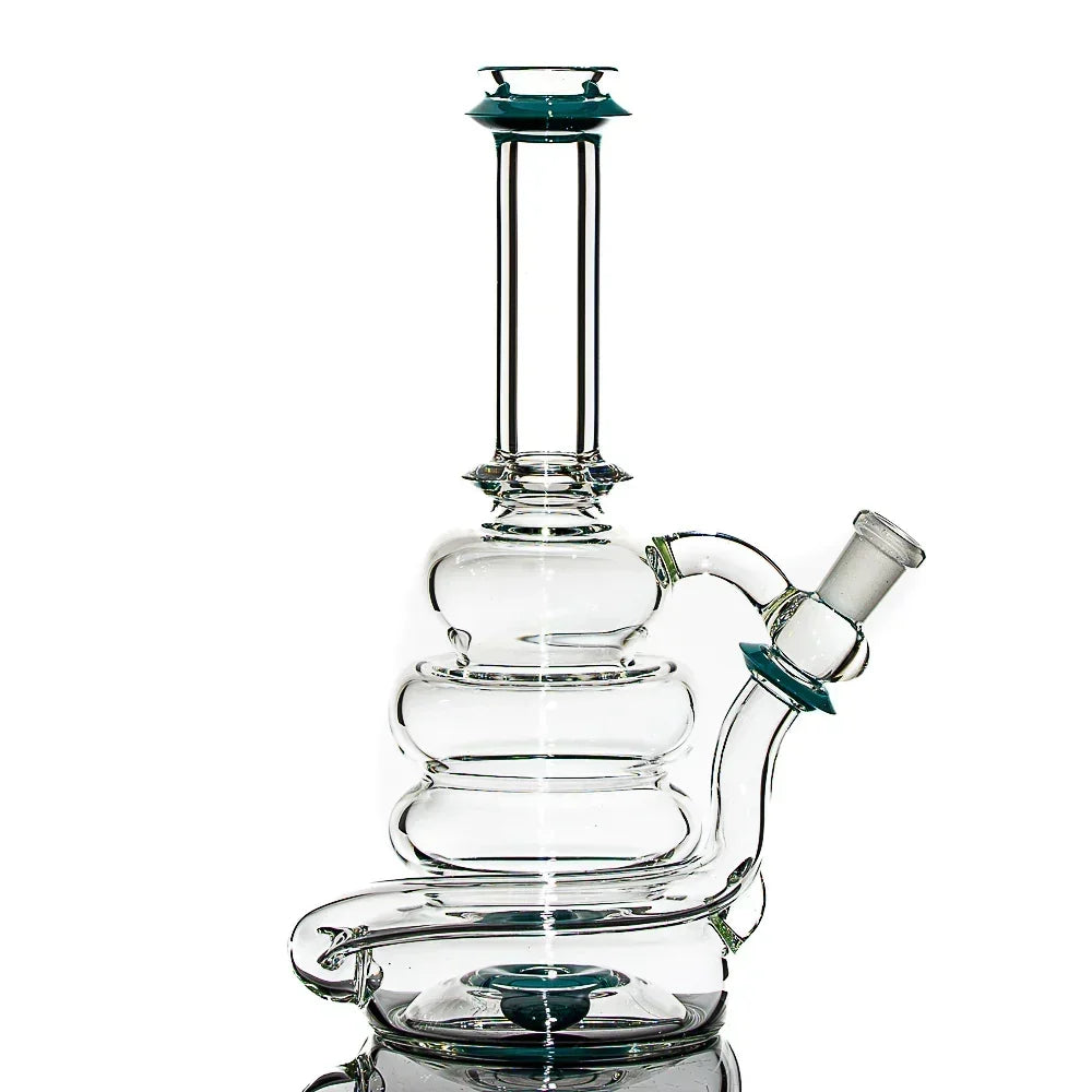 Clear glass water pipe with teal accents and spiral recycler design on white background.
