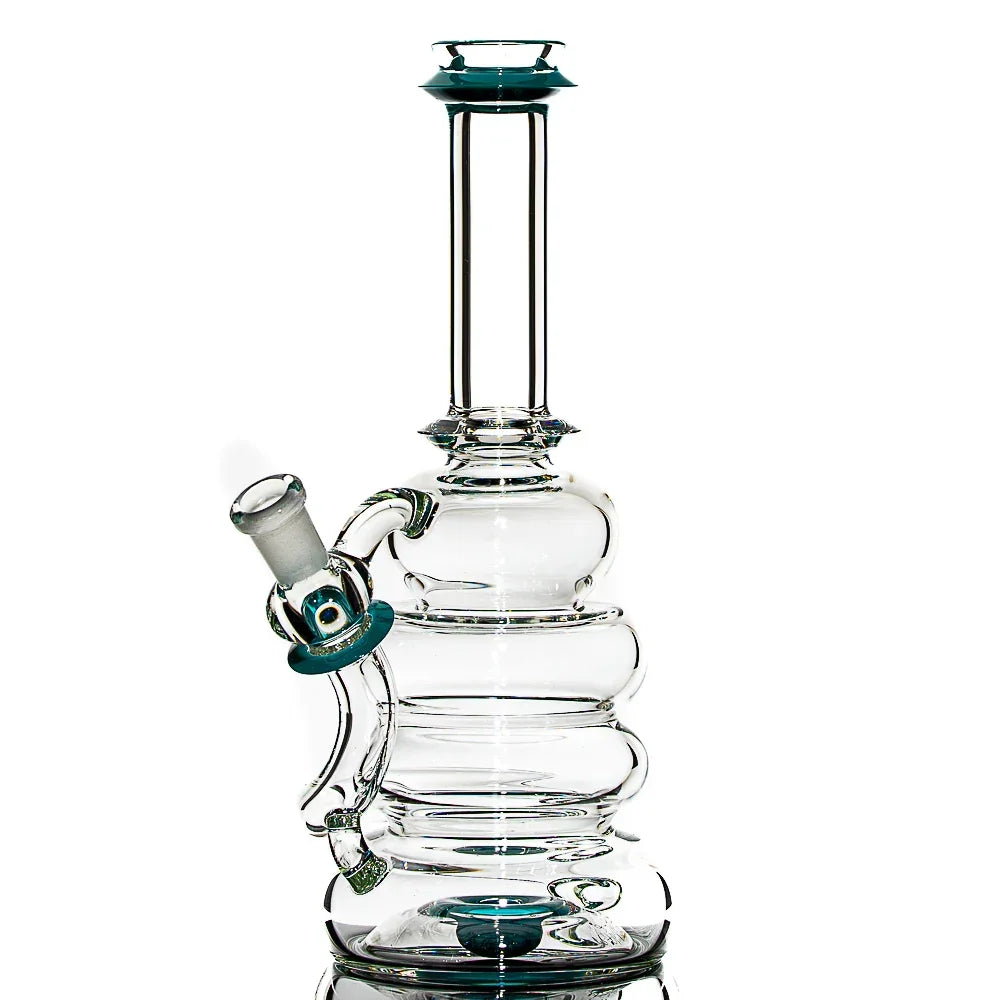 Clear glass water pipe with teal accents and a unique bubbled chamber design