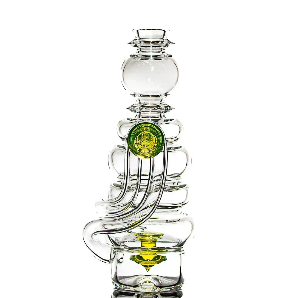 Heady glass water pipe with intricate clear and yellow design, spiral accents, and unique shape