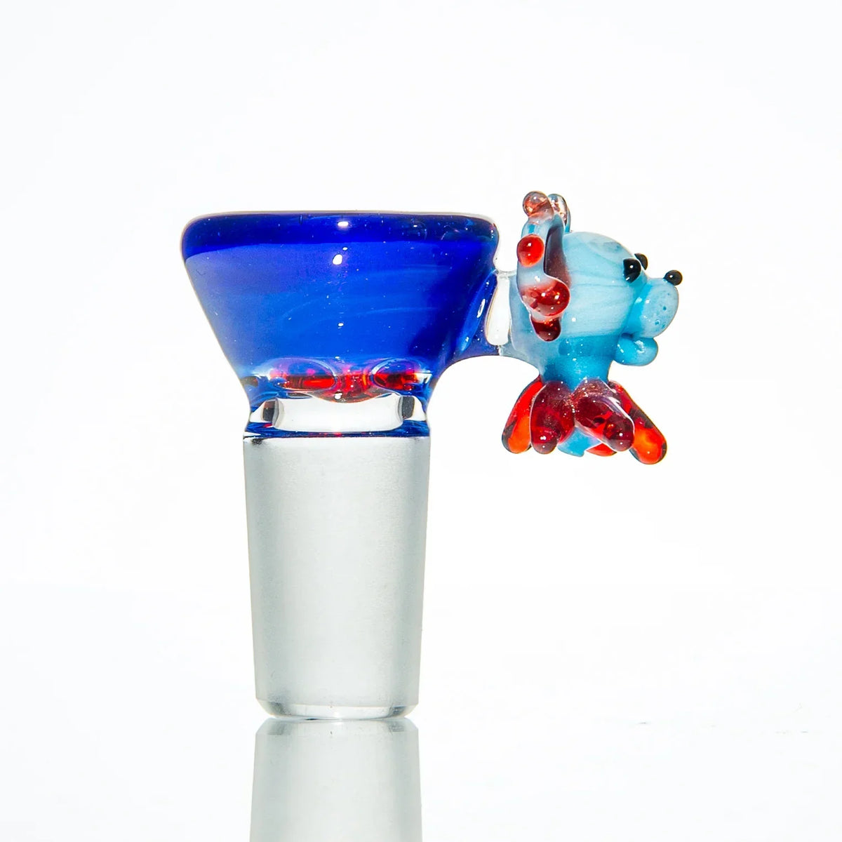 Blue glass bowl slide with cute dog accent, red and blue art, for water pipes