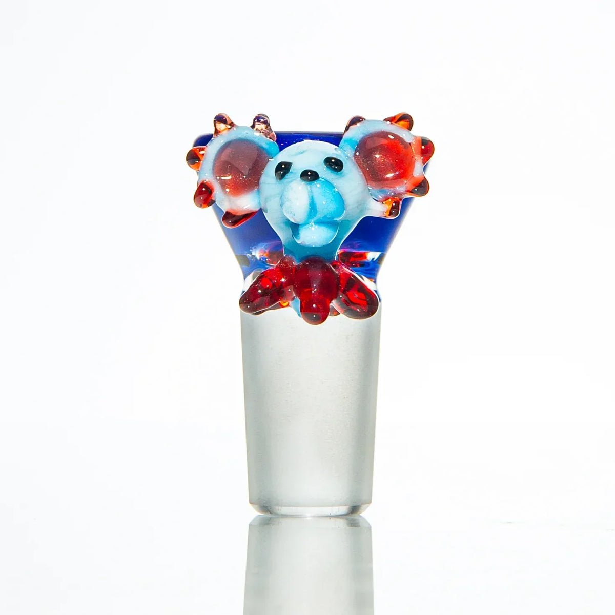 Colorful glass bowl piece with blue and red animal design for water pipe or bong