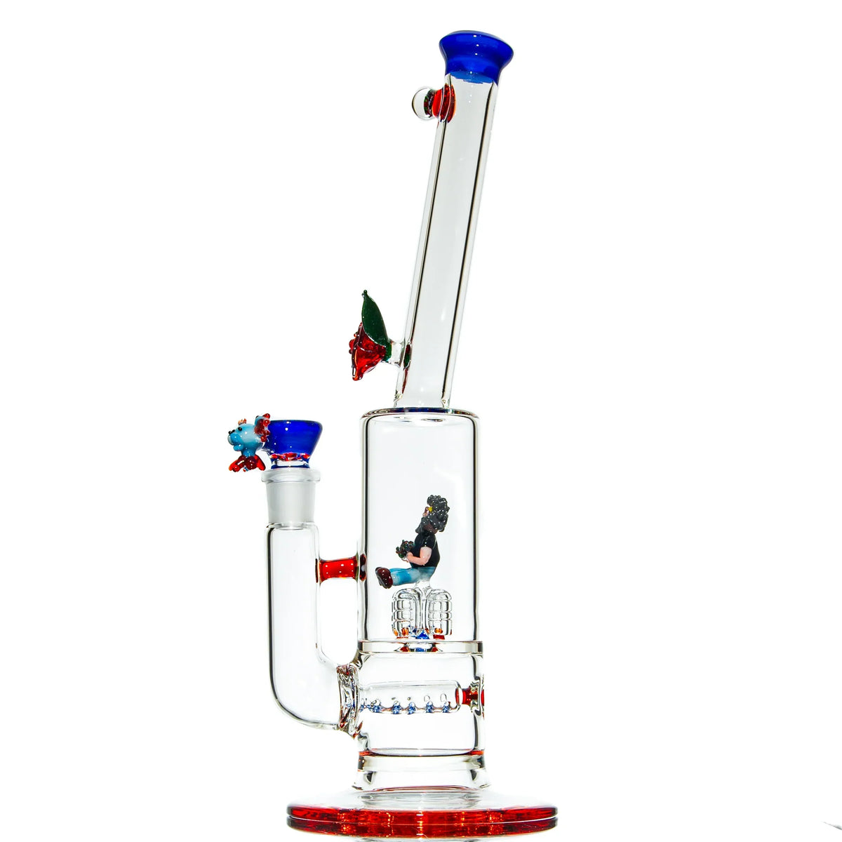 Clear glass water pipe with red and blue accents and unique character art inside