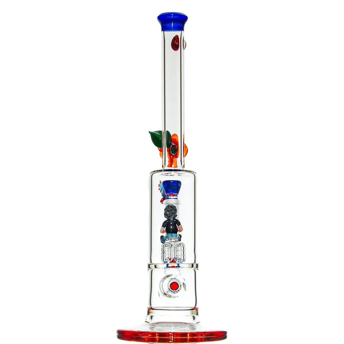 Heady glass water pipe with colorful accents and unique sculpted figure for smoking enthusiasts