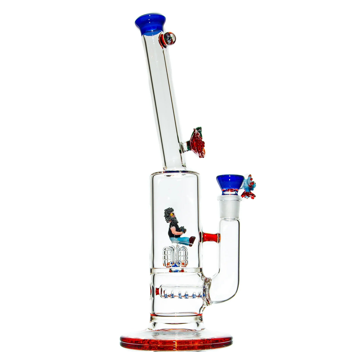 Heady glass water pipe with blue accents and intricate Mohawk figure inside, against white background.