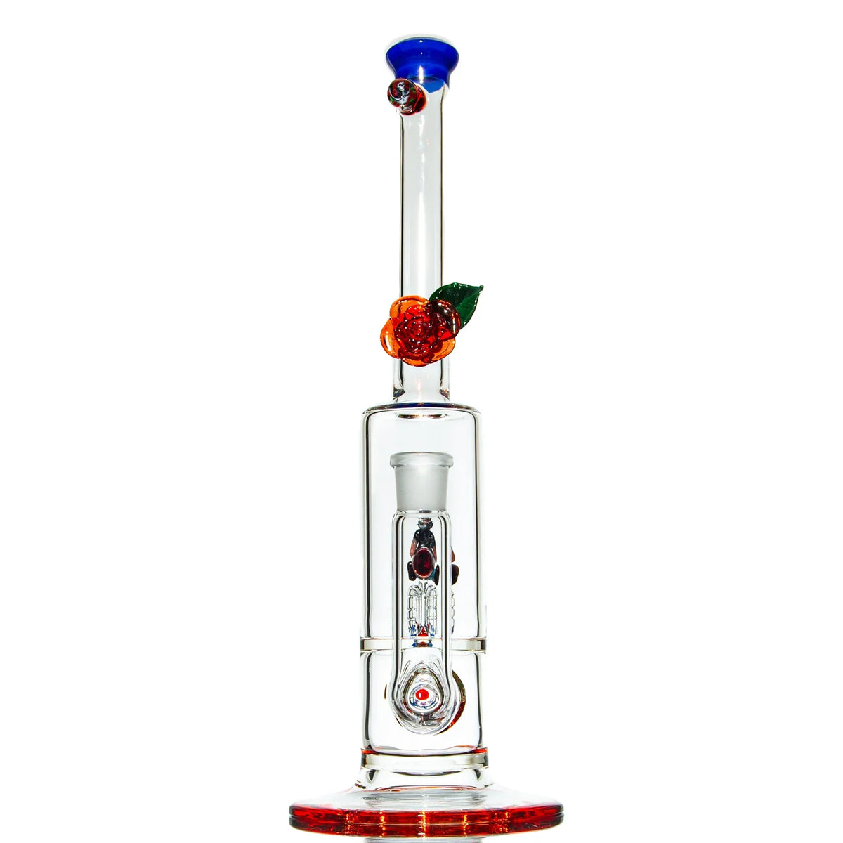 Clear glass bong with red and green decorative flower, blue rimmed mouthpiece, and orange base