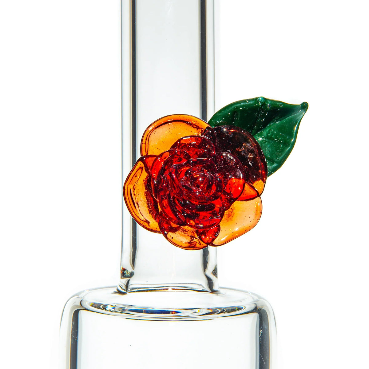 Clear glass water pipe with red and orange glass rose detail and green leaf accent