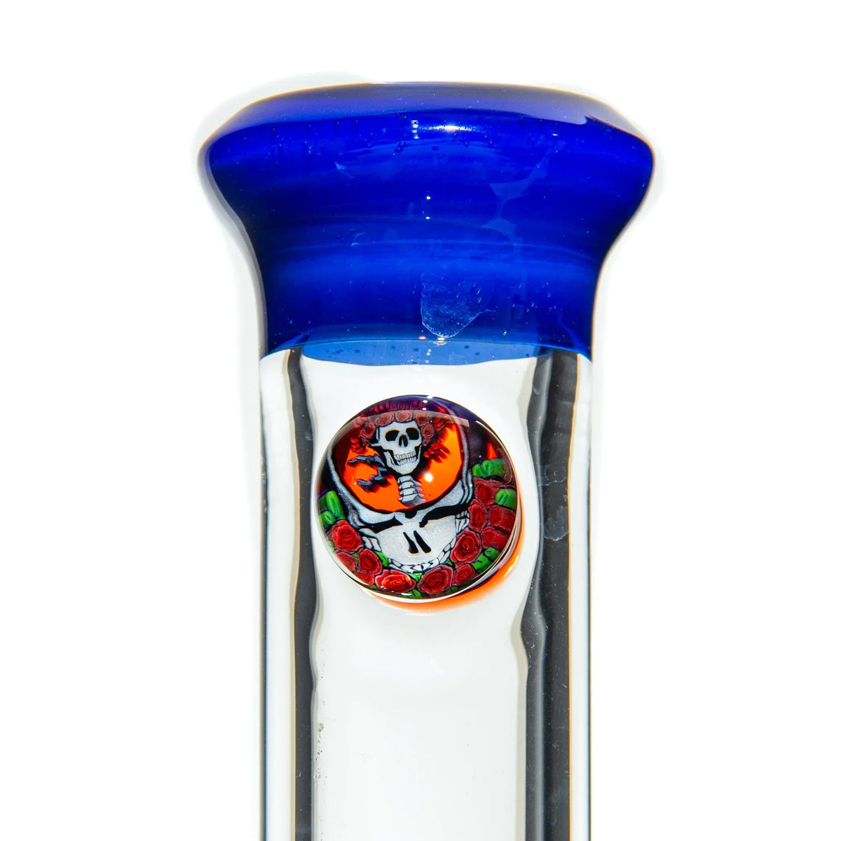 Clear glass pipe with a blue mouthpiece and a skull art accent surrounded by red roses.