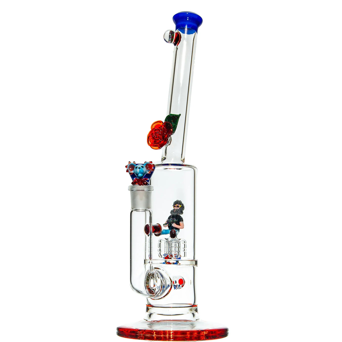 Decorative glass water pipe with red and blue accents, rose detail, and unique character figure