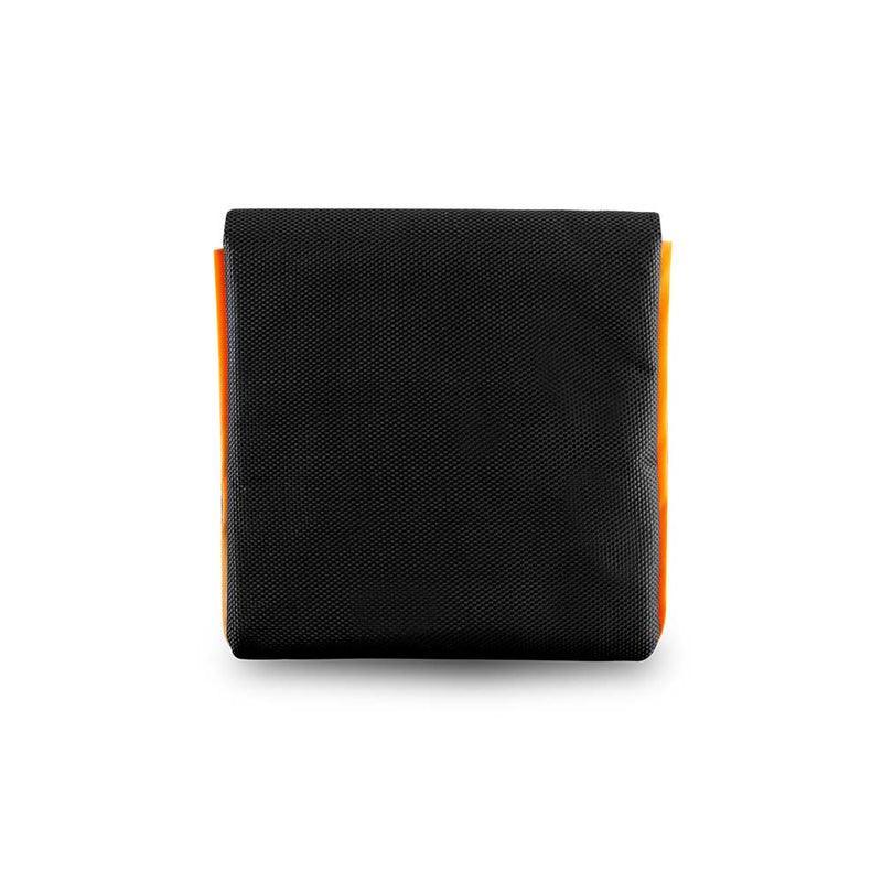 Black and orange fabric pouch with textured back for smoking accessories