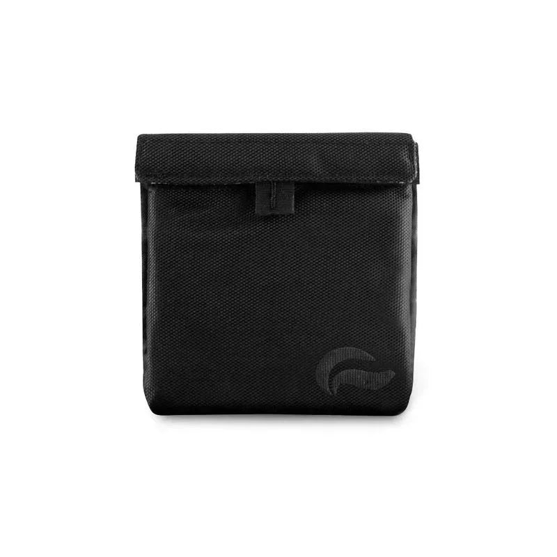 Black smell-proof pouch with flap closure, textured fabric, discreet logo front