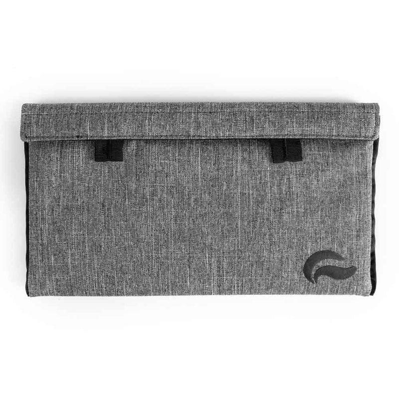 Gray smell-proof storage bag with flap closure and small logo on front